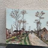Canvas on village scene frame signed vintage Denise