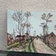 Canvas on village scene frame signed vintage Denise