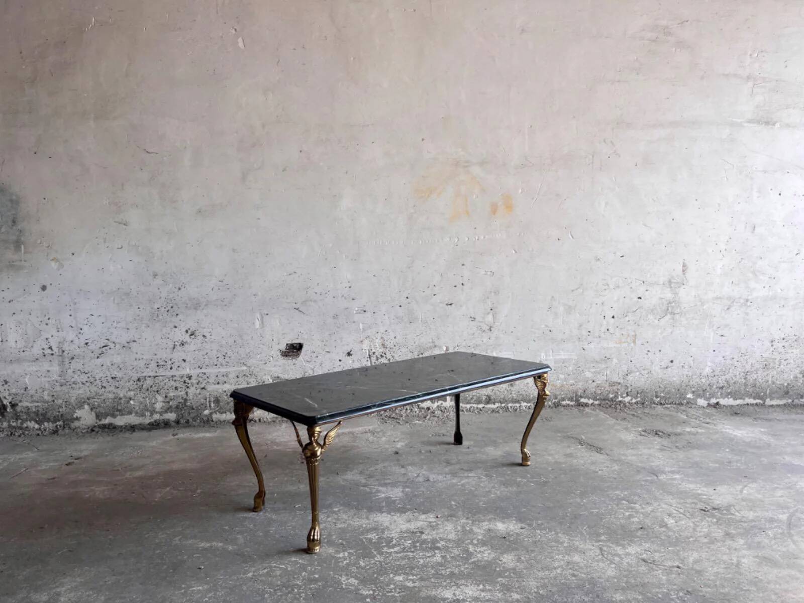 Vintage Dark Green Marble Coffee Table with Gilded Metal Ornate Legs, Mid-Century