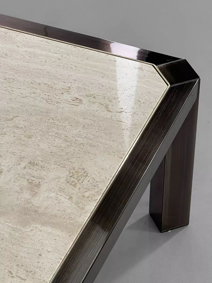 Square coffee table from the 80s in metal and travertine Belgochrome Design.