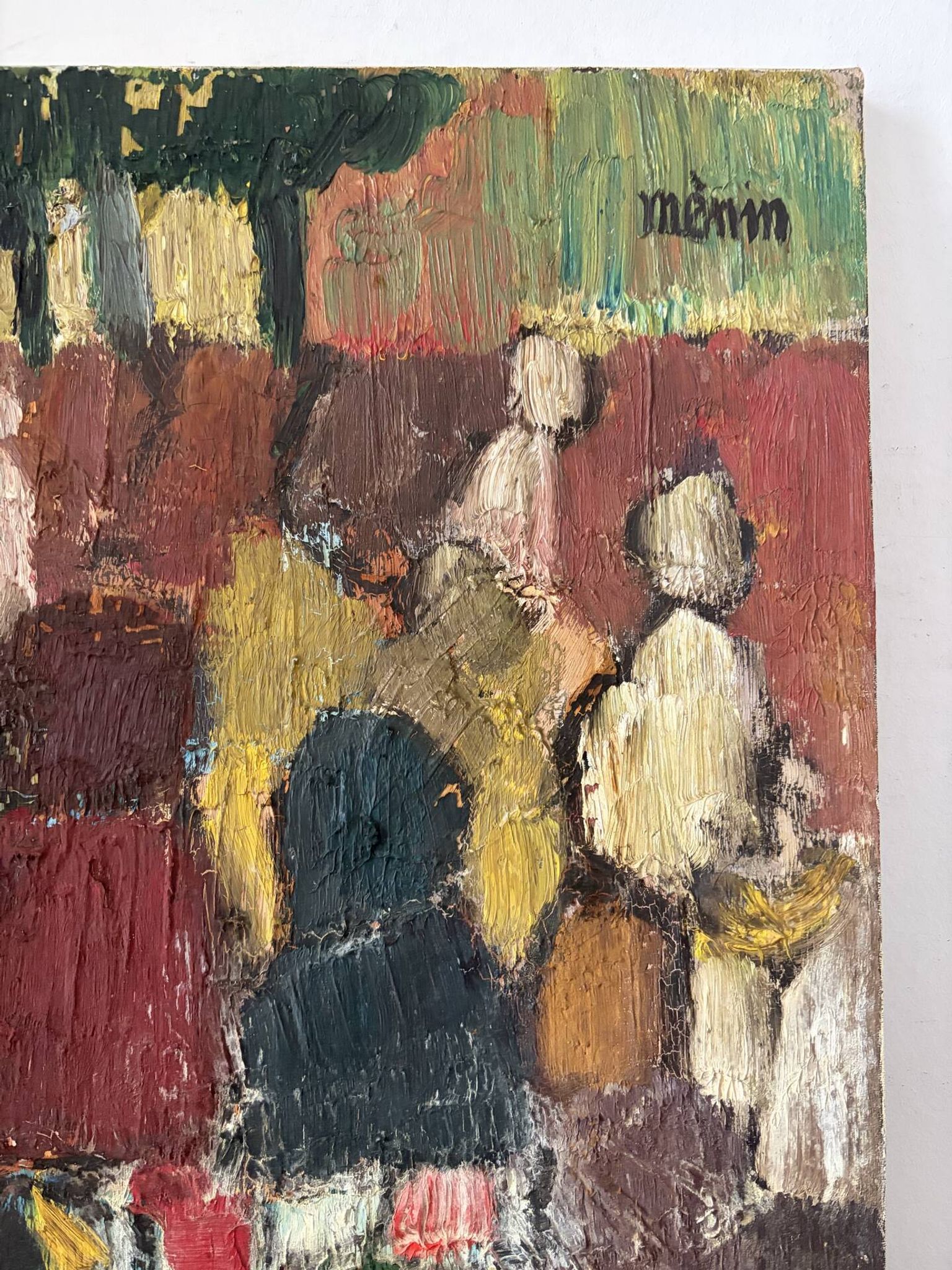 Abstract characters, knife oil, signed Menin.