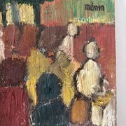 Abstract characters, knife oil, signed Menin.