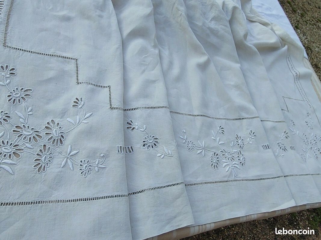 old sheet flowers embroidered hand linen canvas ecru large returns 220 x 285 cm