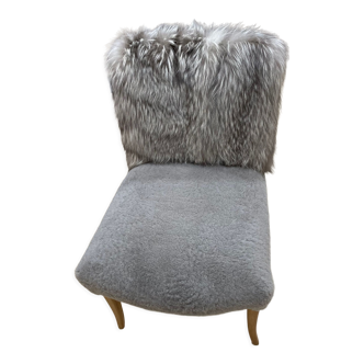 Fauteuil peau de mouton gris et renard argenté