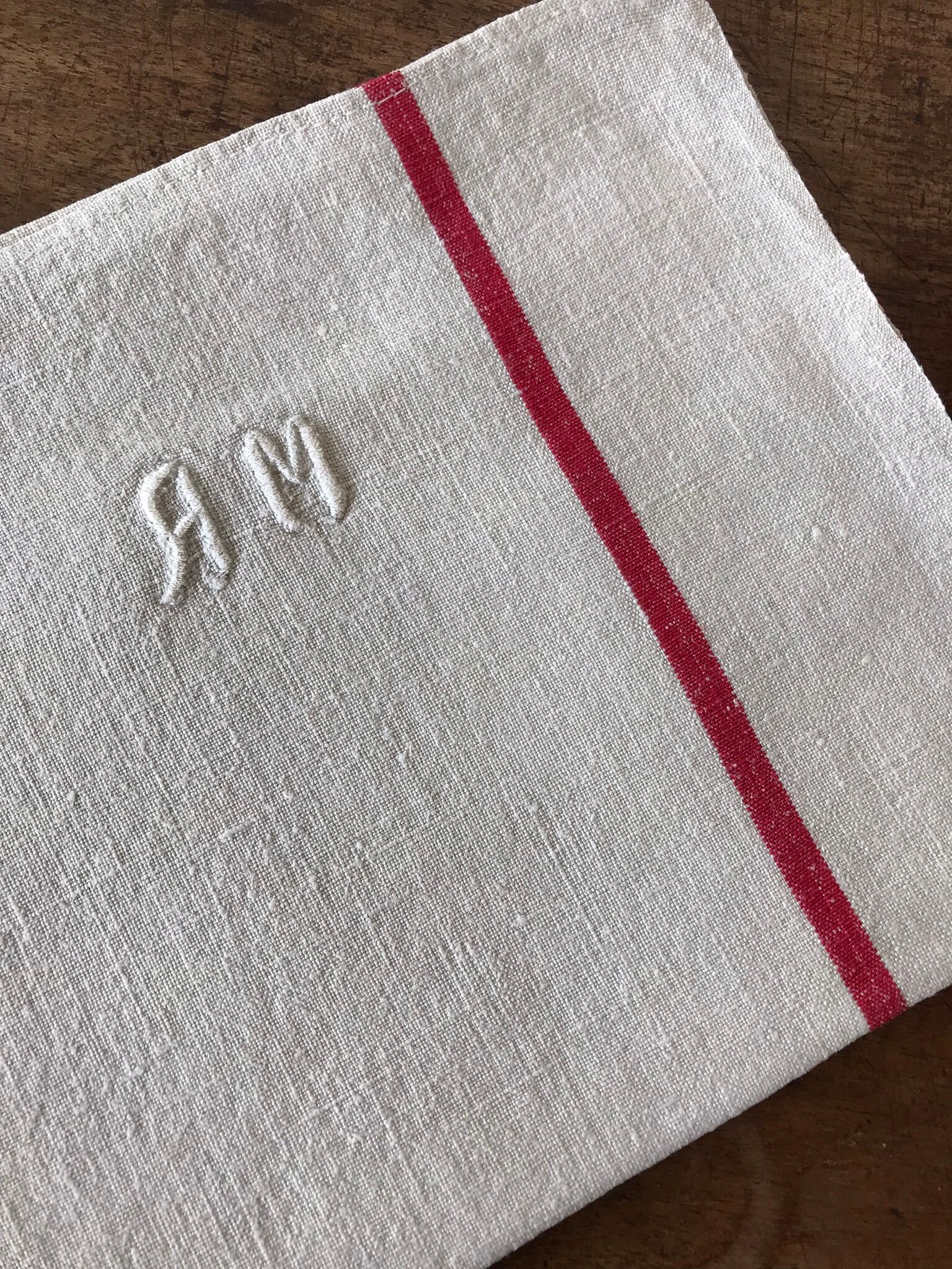 Old linen and hemp towel monogrammed MR