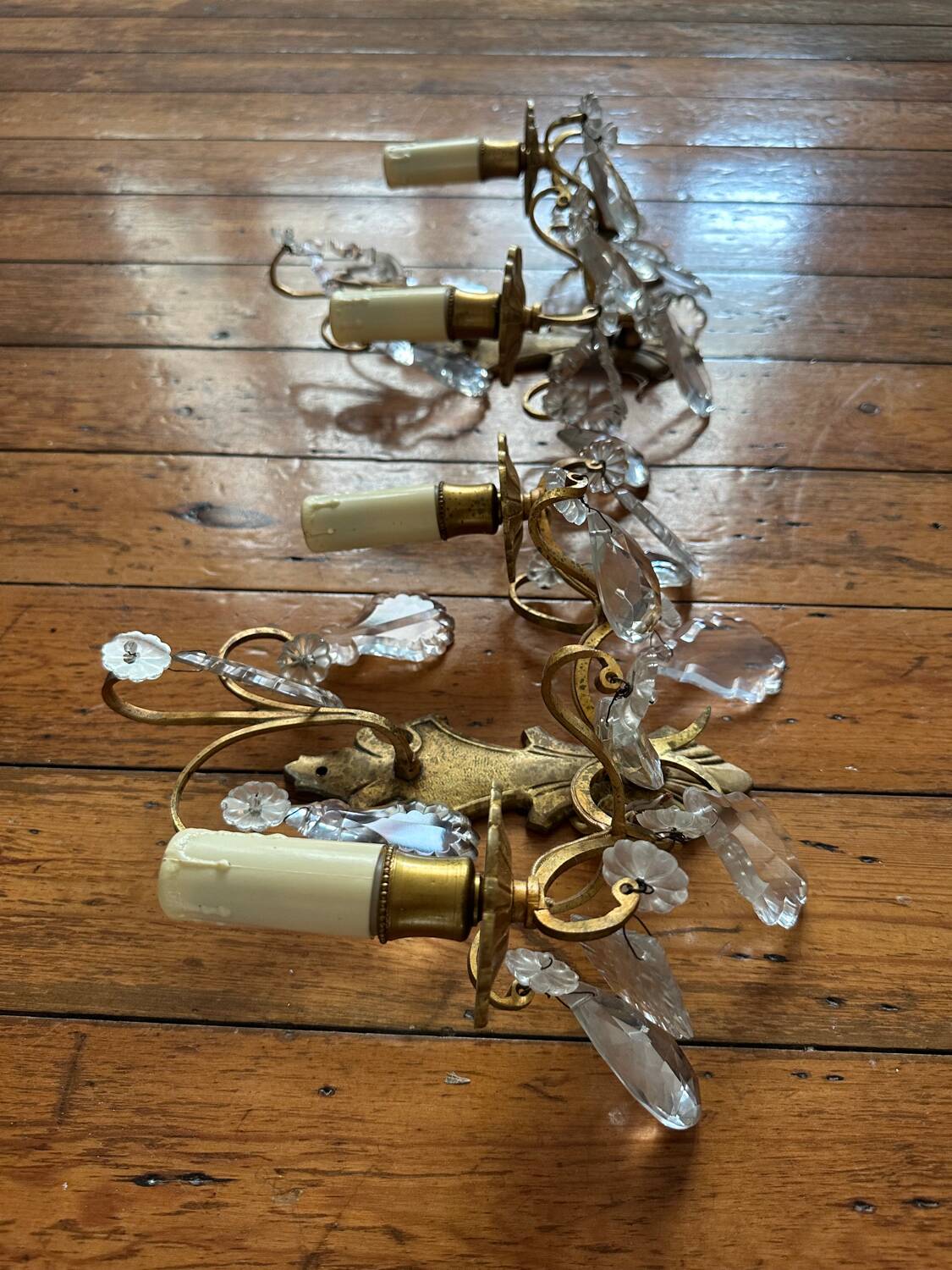 2 vintage bronze wall lights with pendants