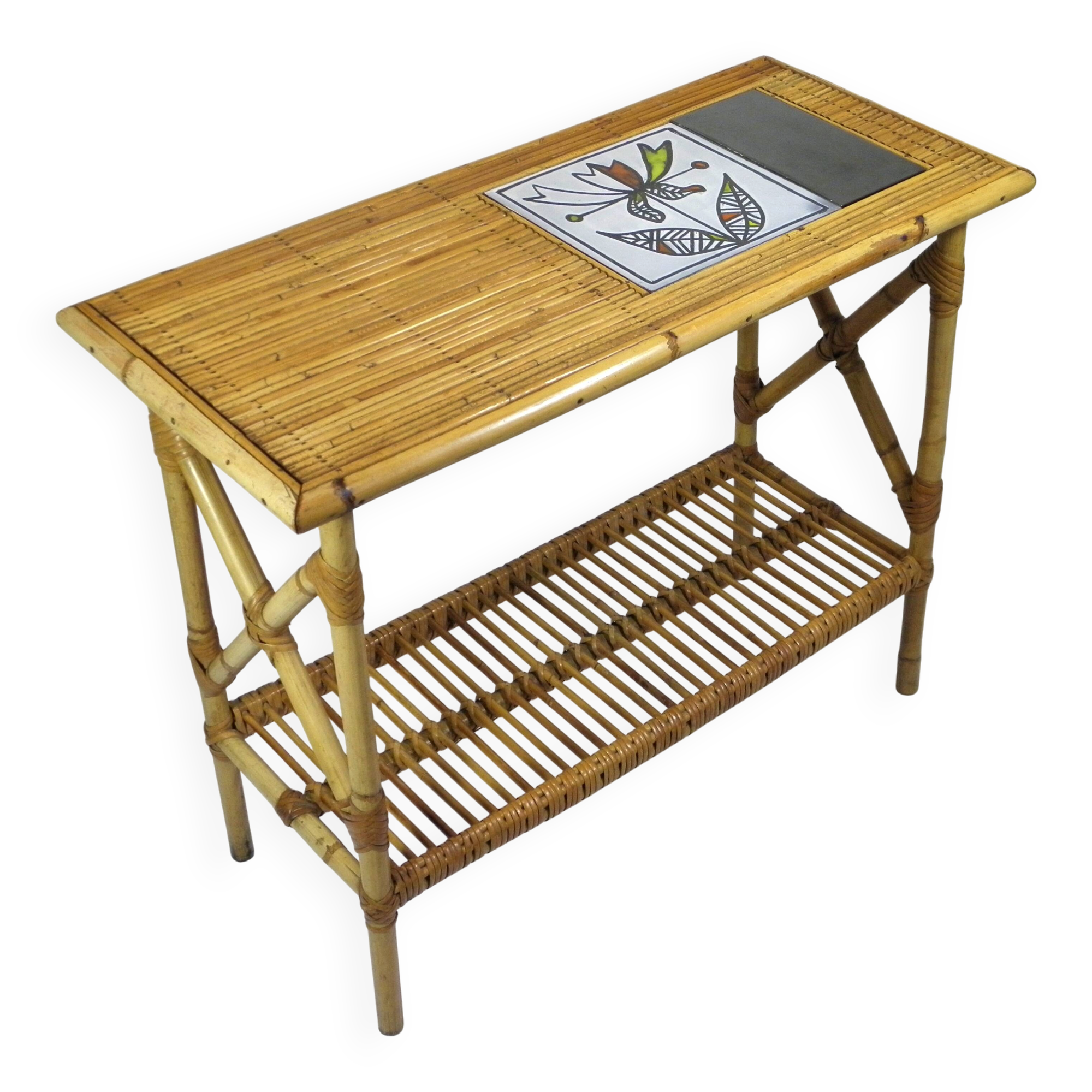 Rattan and ceramic console table - AUDOUX - MINNET and Roger CAPRON