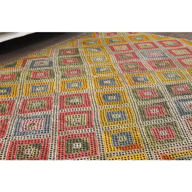 1970s Vintage Turkish Oushak Handmade Wool Cotton Yellow Runner Rug 158x201