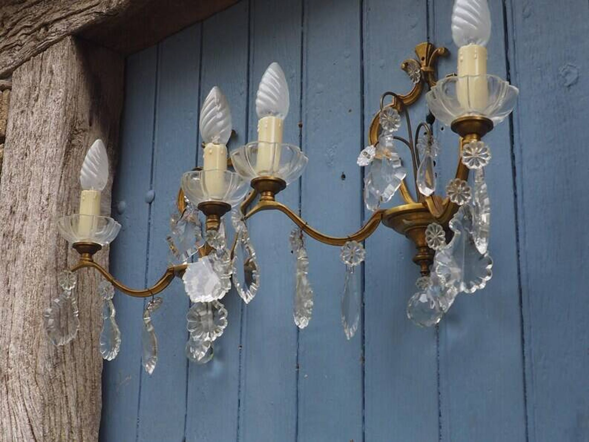 Gilt Bronze French Antique wall Sconces: Crystal Drops, Twin Arms, C1940s
