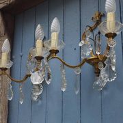 Gilt Bronze French Antique wall Sconces: Crystal Drops, Twin Arms, C1940s