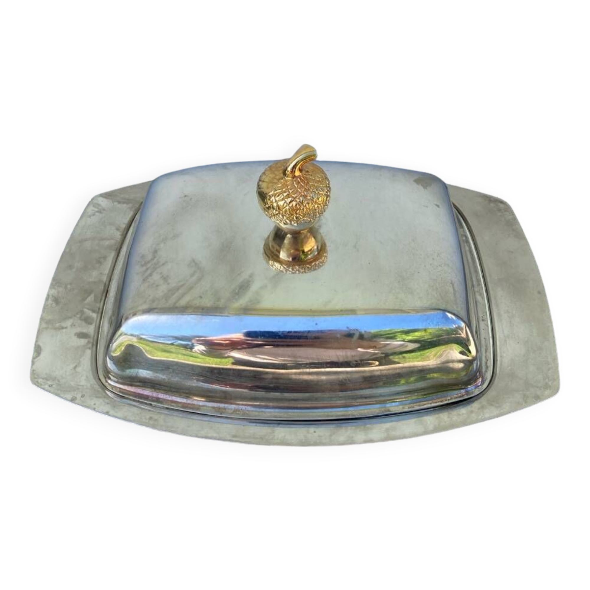 Acorn silver metal butter dish