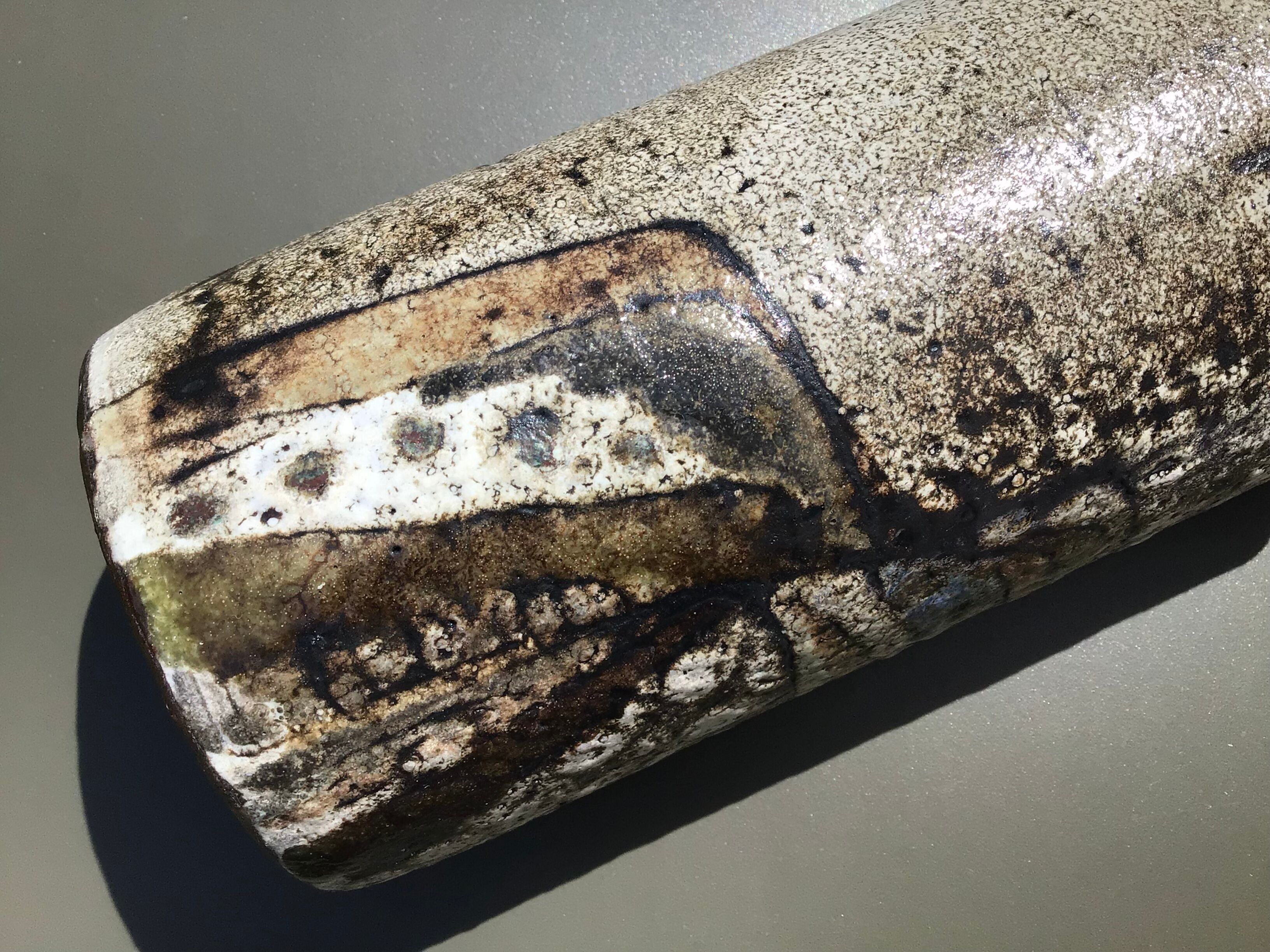 Artisan vase enamel beige brown abstract pattern