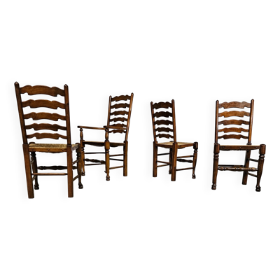 Ensemble de 4 chaises de salle à manger en chêne, rustiques, de ferme, à dossier en échelle avec sièges en jonc, années 1960
