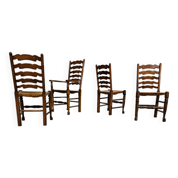 Ensemble de 4 chaises de salle à manger en chêne, rustiques, de ferme, à dossier en échelle avec sièges en jonc, années 1960