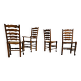 Set of 4 oak, rustic, farmhouse, ladderback dining chairs with rush seats 1960s