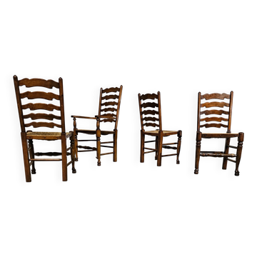 Set of 4 oak, rustic, farmhouse, ladderback dining chairs with rush seats 1960s