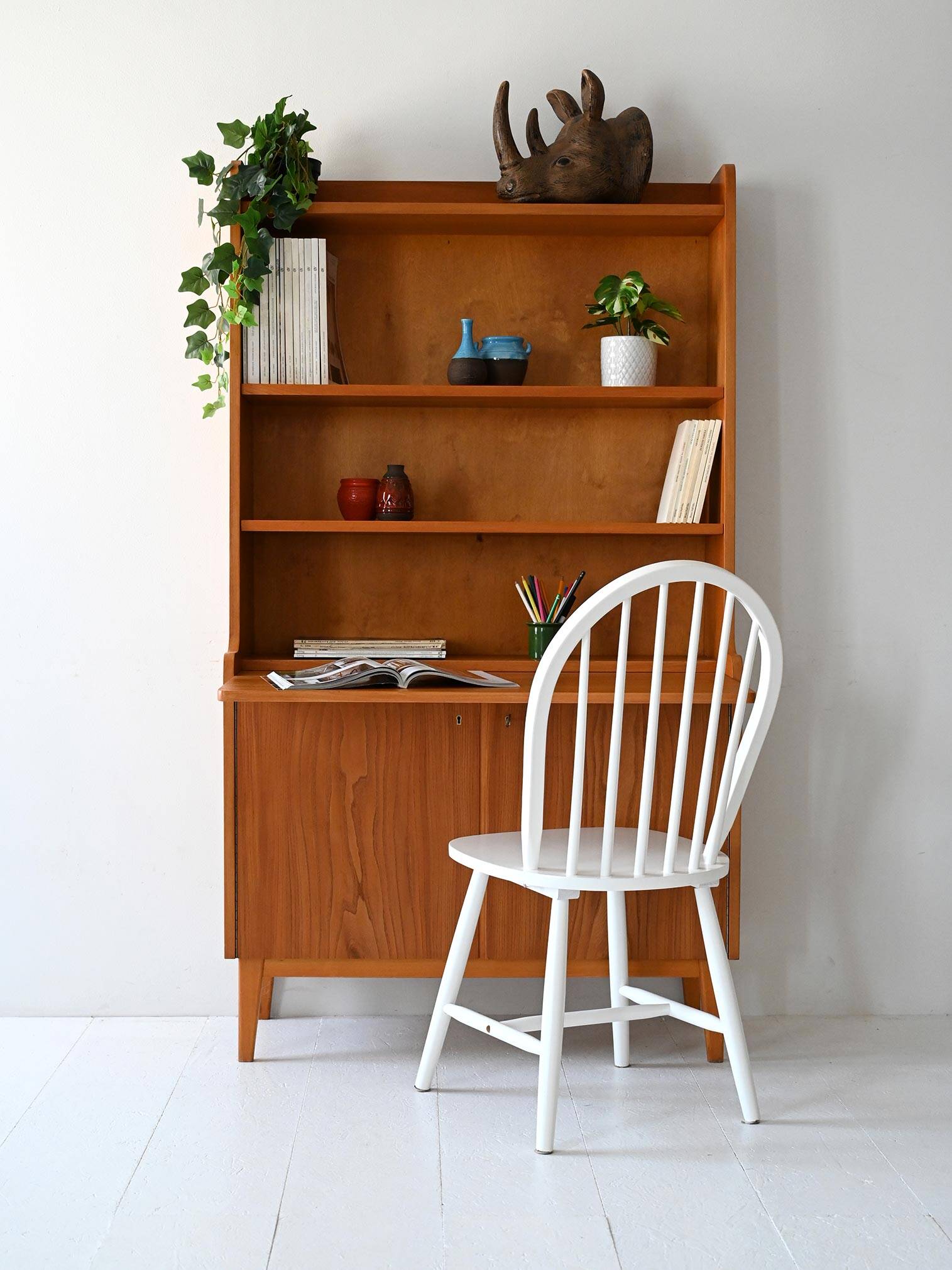 Vintage Scandinavian Elmwood Open Bookshelf Cabinet