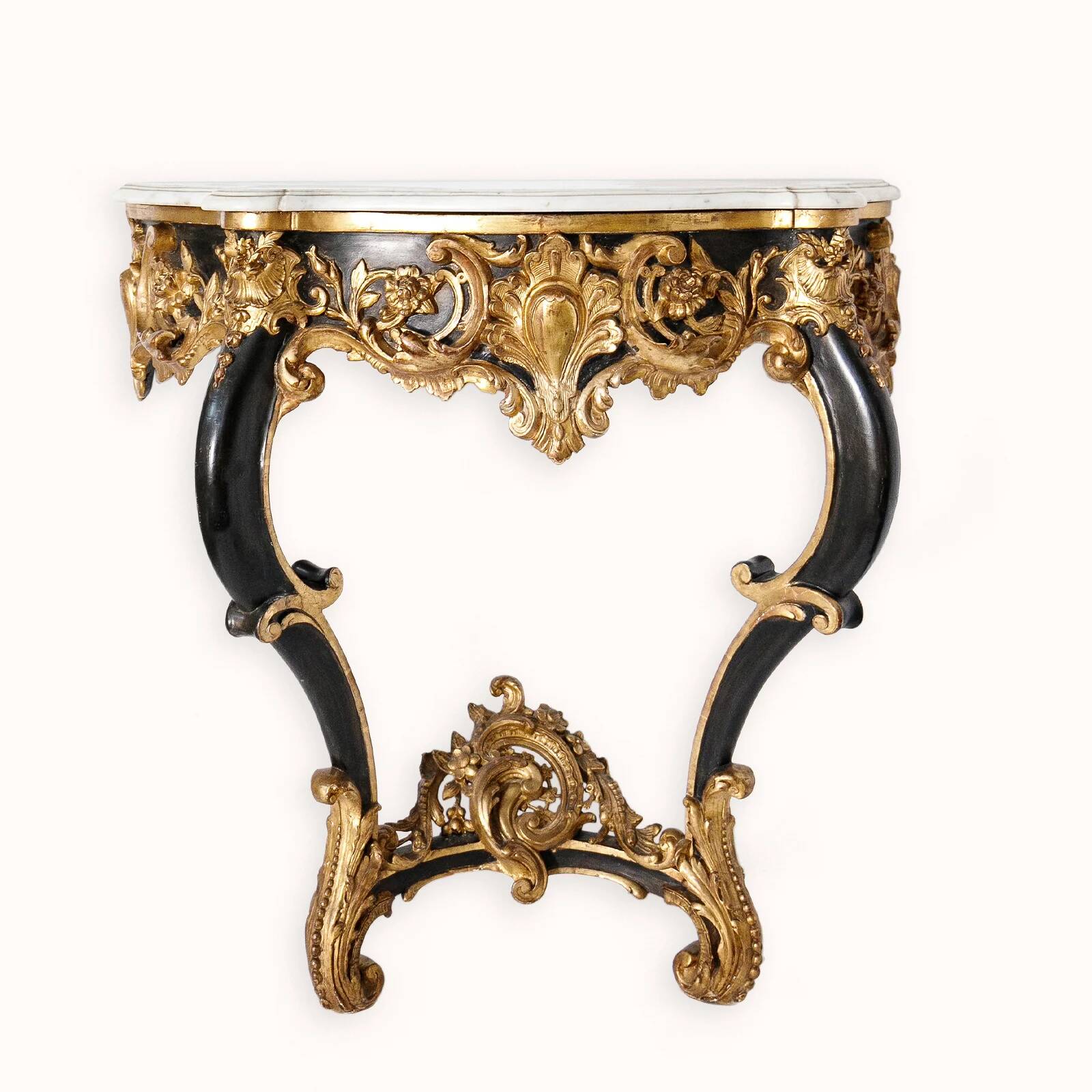 Console Napoléon III du XIXe siècle en bois ébonisé et bois doré