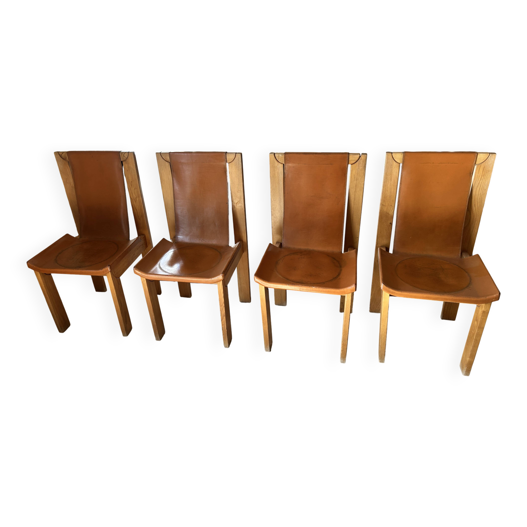 Solid elm and leather chairs - Luigi Gorgoni - Roche Bobois 1980s