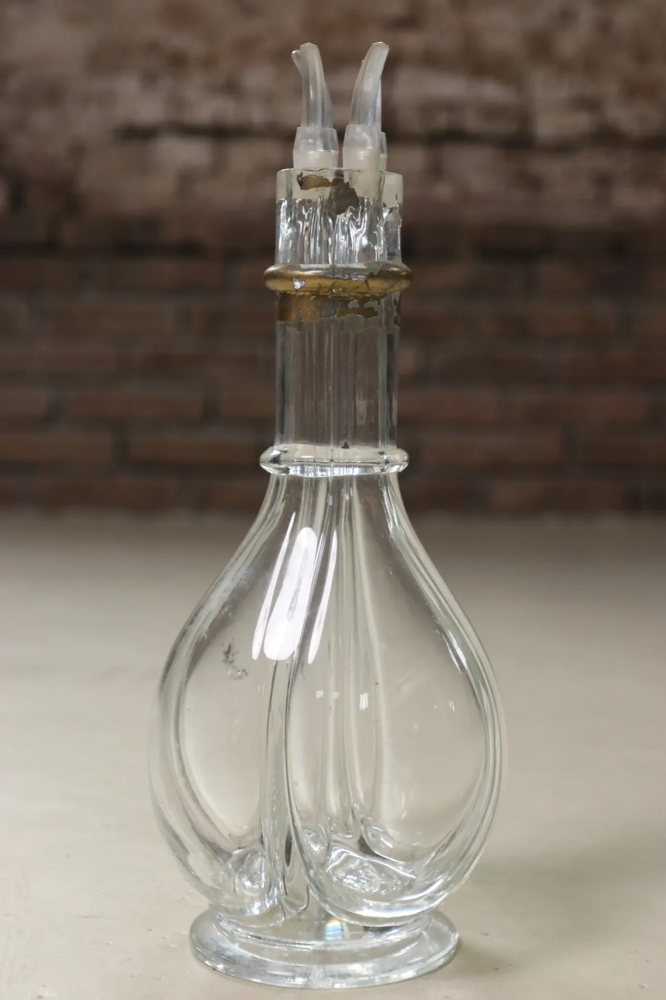 French glass decanter with 4 compartments and pouring spouts, 1950s–70s