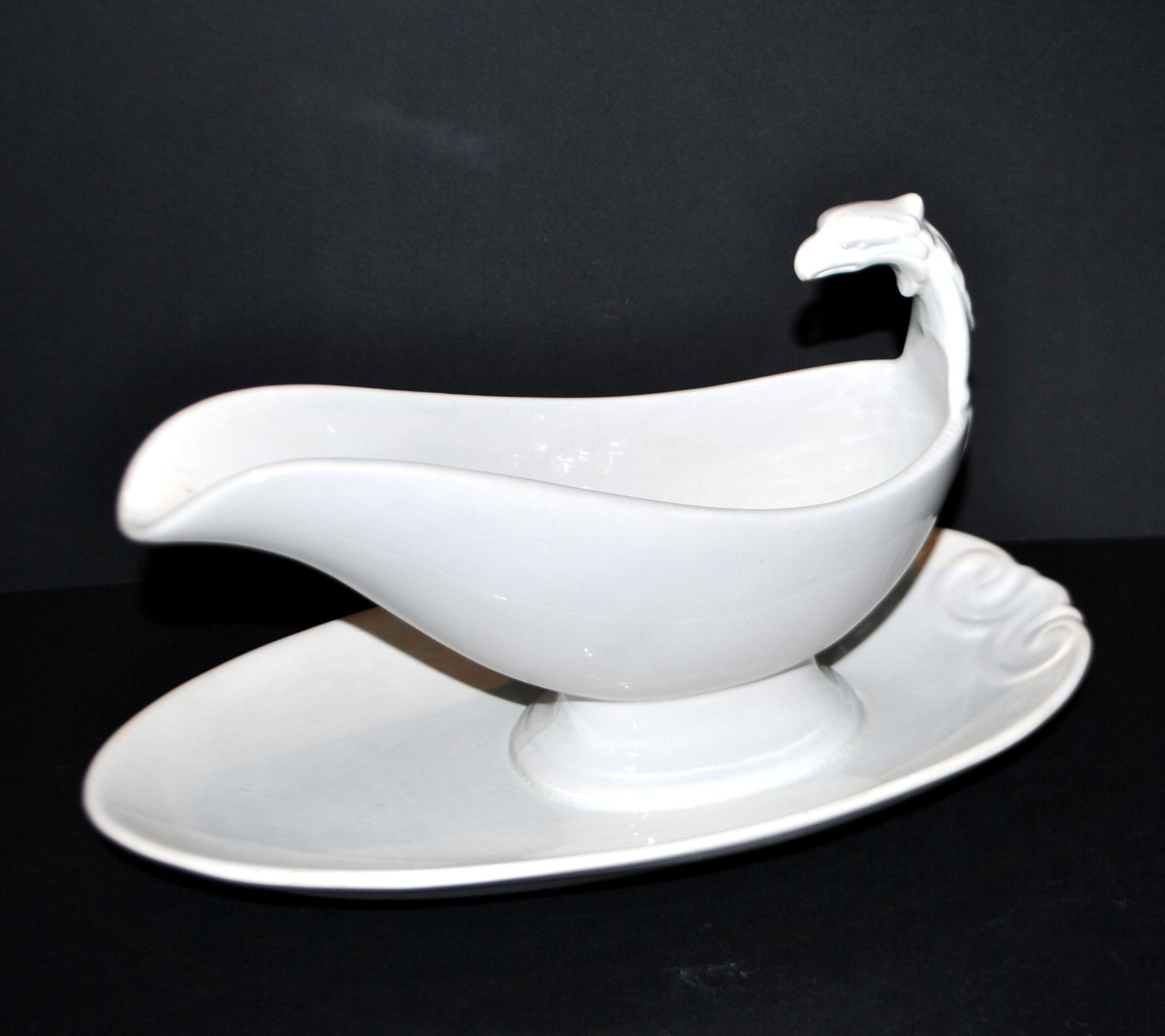 Sarreguemines antique earthenware sauce boat U&C opaque eagle's head