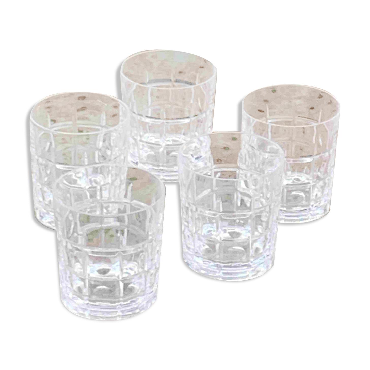 5 whisky glasses, Cristal Bayel stamps, transparent crystal with patterns