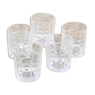 5 whisky glasses, Cristal Bayel stamps, transparent crystal with patterns