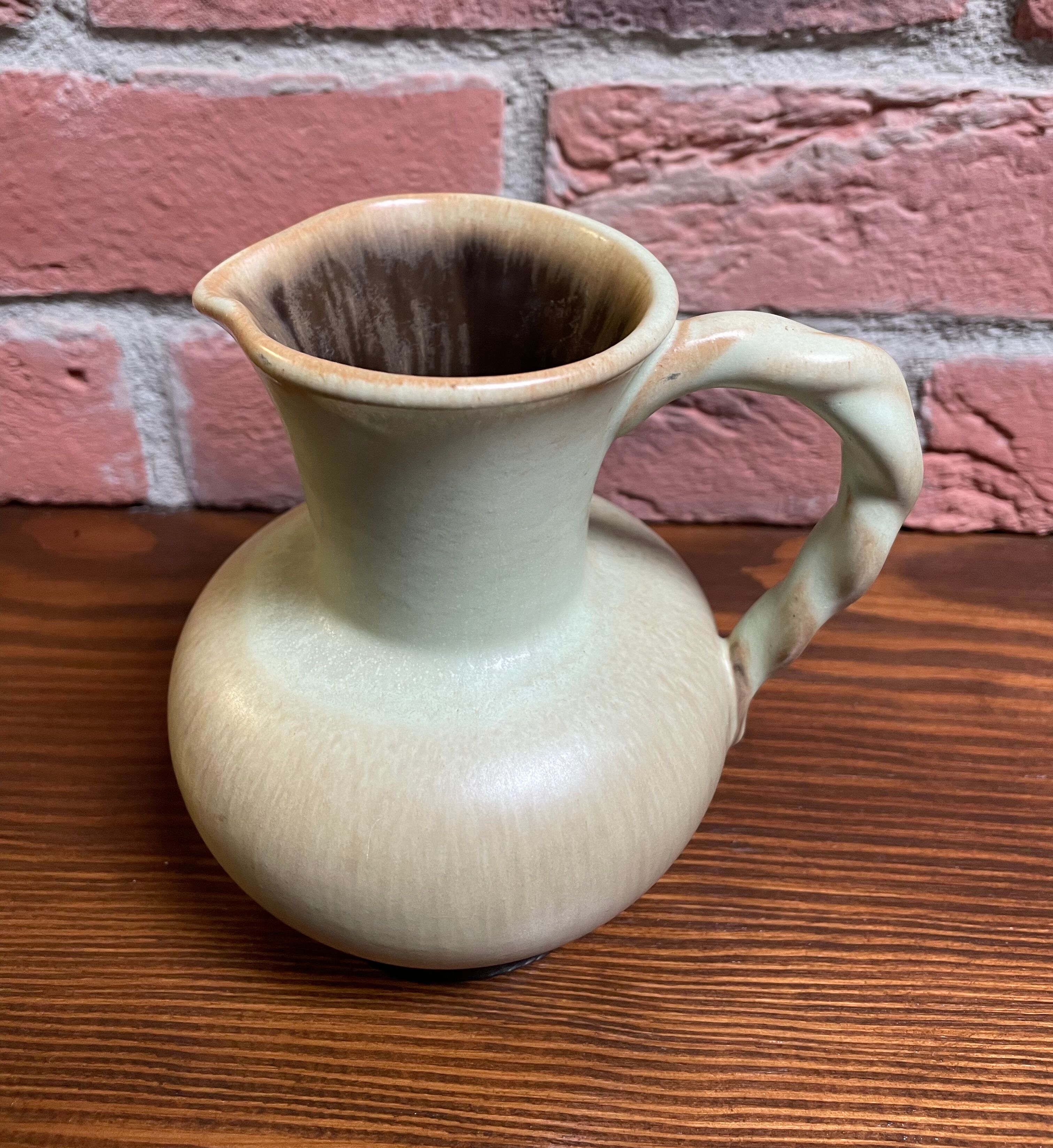 Carstens Tönnieshof Jug Model 422 with Twisted Handle, Tea Green and Brown West German Art Pottery