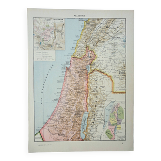 Gravure ancienne 1928, Palestine, carte, Jérusalem, religion • Lithographie, Planche originale