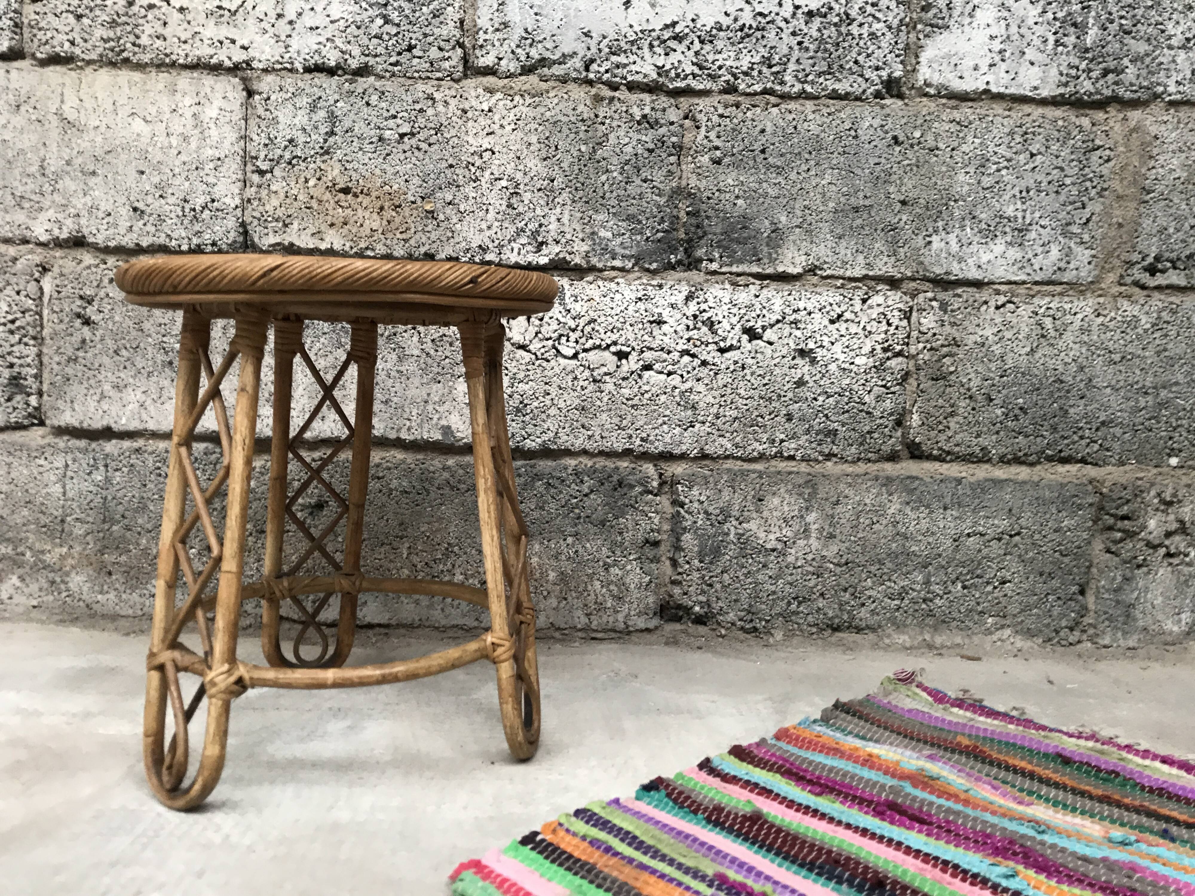 Bamboo stool 50s Decoration natural wood rattan wicker Vintage Plant Door