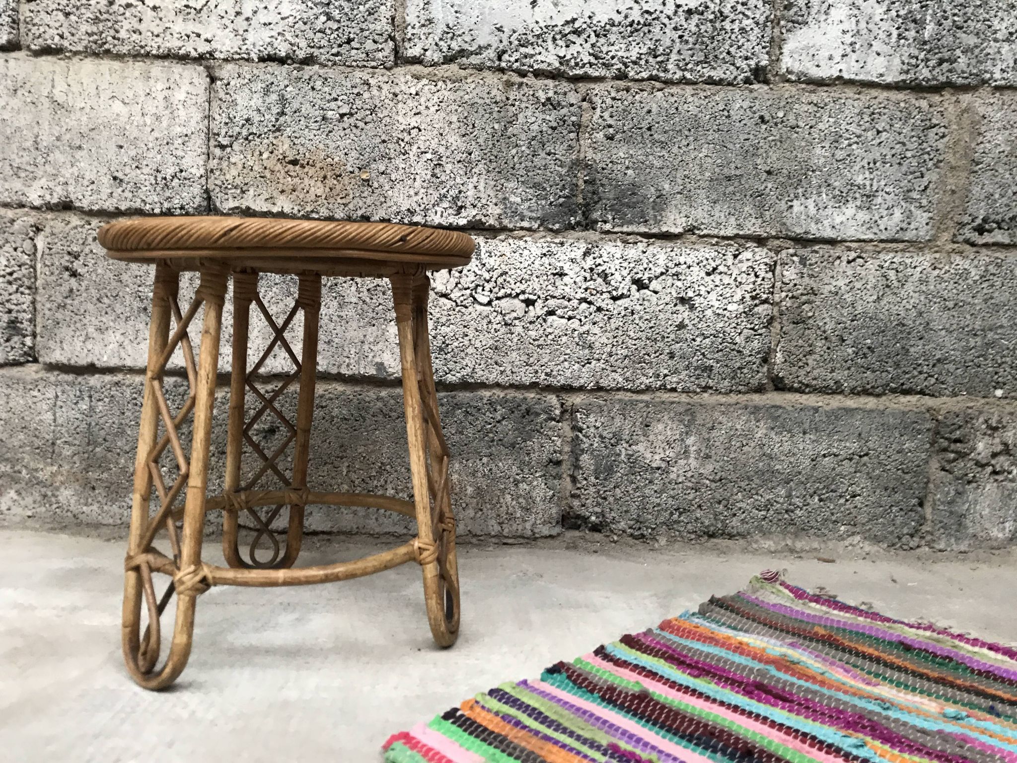 Bamboo stool 50s Decoration natural wood rattan wicker Vintage Plant Door
