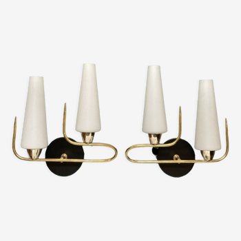 Pair of double wall sconces brass, black metal and tulips in white opaline glass Arlus décor