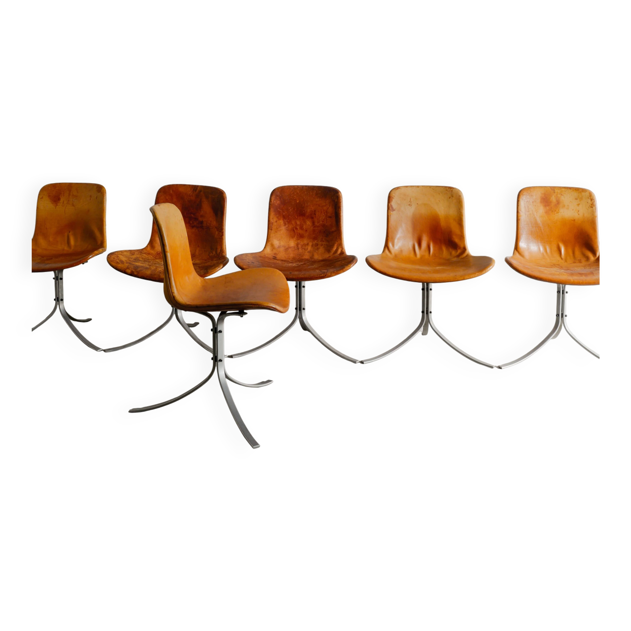 Set of Six Vintage Poul Kjaerholm PK-9 Dining Chairs Brown Leather, 1960s