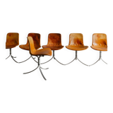 Set of Six Vintage Poul Kjaerholm PK-9 Dining Chairs Brown Leather, 1960s