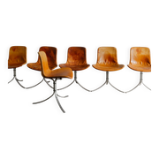 Set of Six Vintage Poul Kjaerholm PK-9 Dining Chairs Brown Leather, 1960s