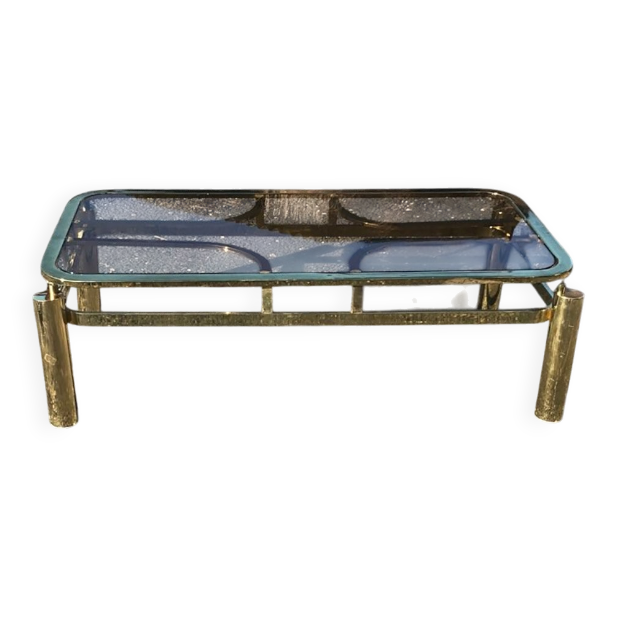 Table basse vintage en laiton jaune avec plateau en verre fumé, 1970, République tchèque