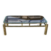 Table basse vintage en laiton jaune avec plateau en verre fumé, 1970, République tchèque