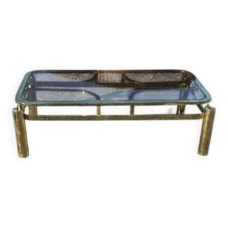 Vintage yellow brass coffee table with smoked glass top, 1970, Czech Republic.