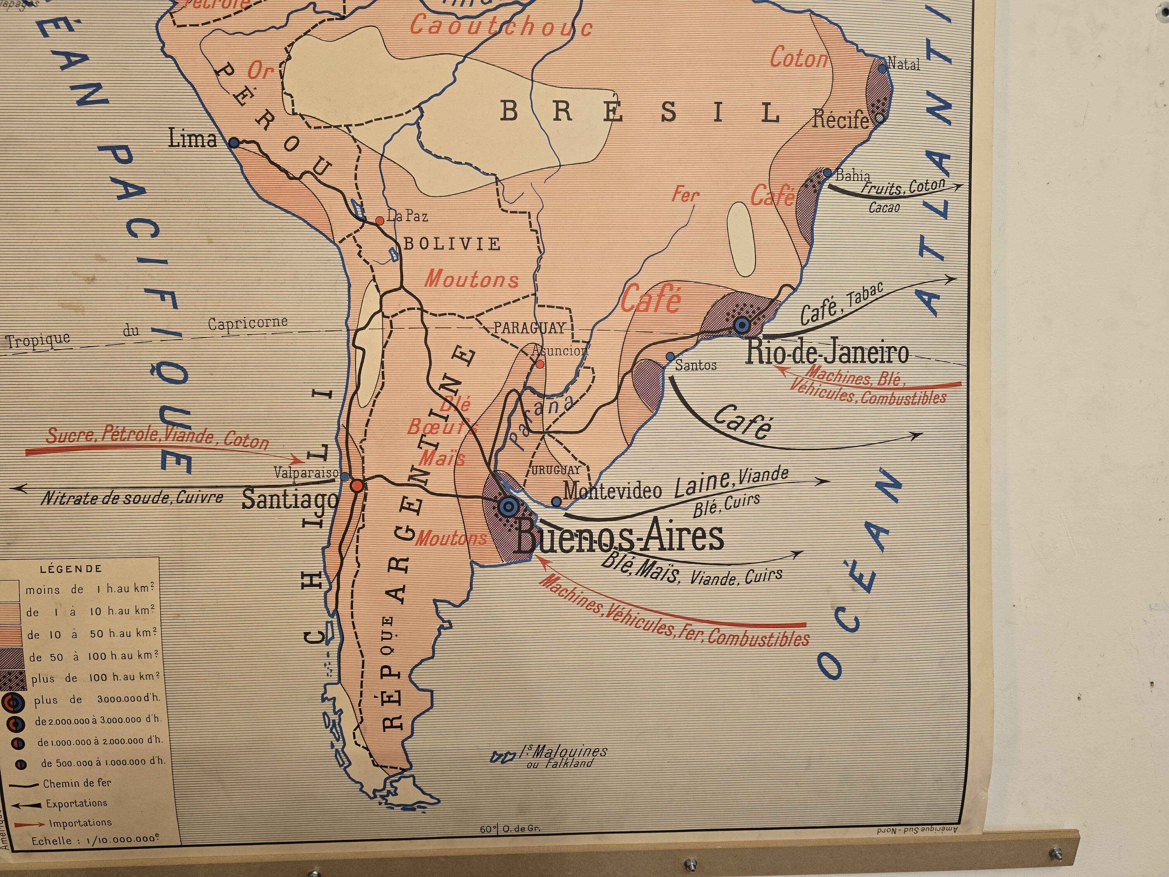 Old geography map / school map South America North America