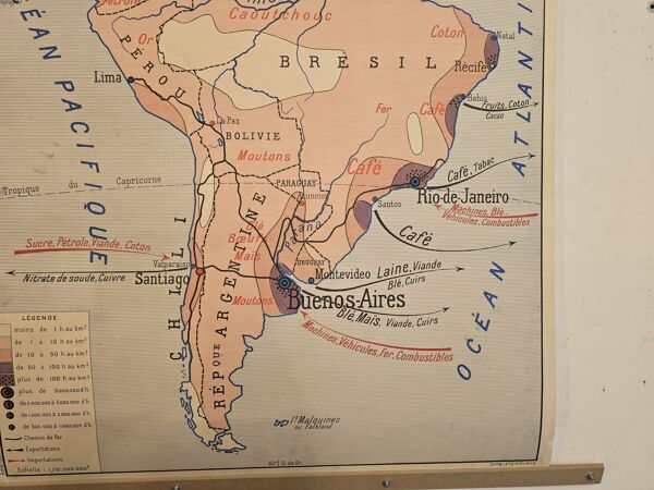Carte de géographie ancienne / carte d'école Amérique du Sud Amérique du No