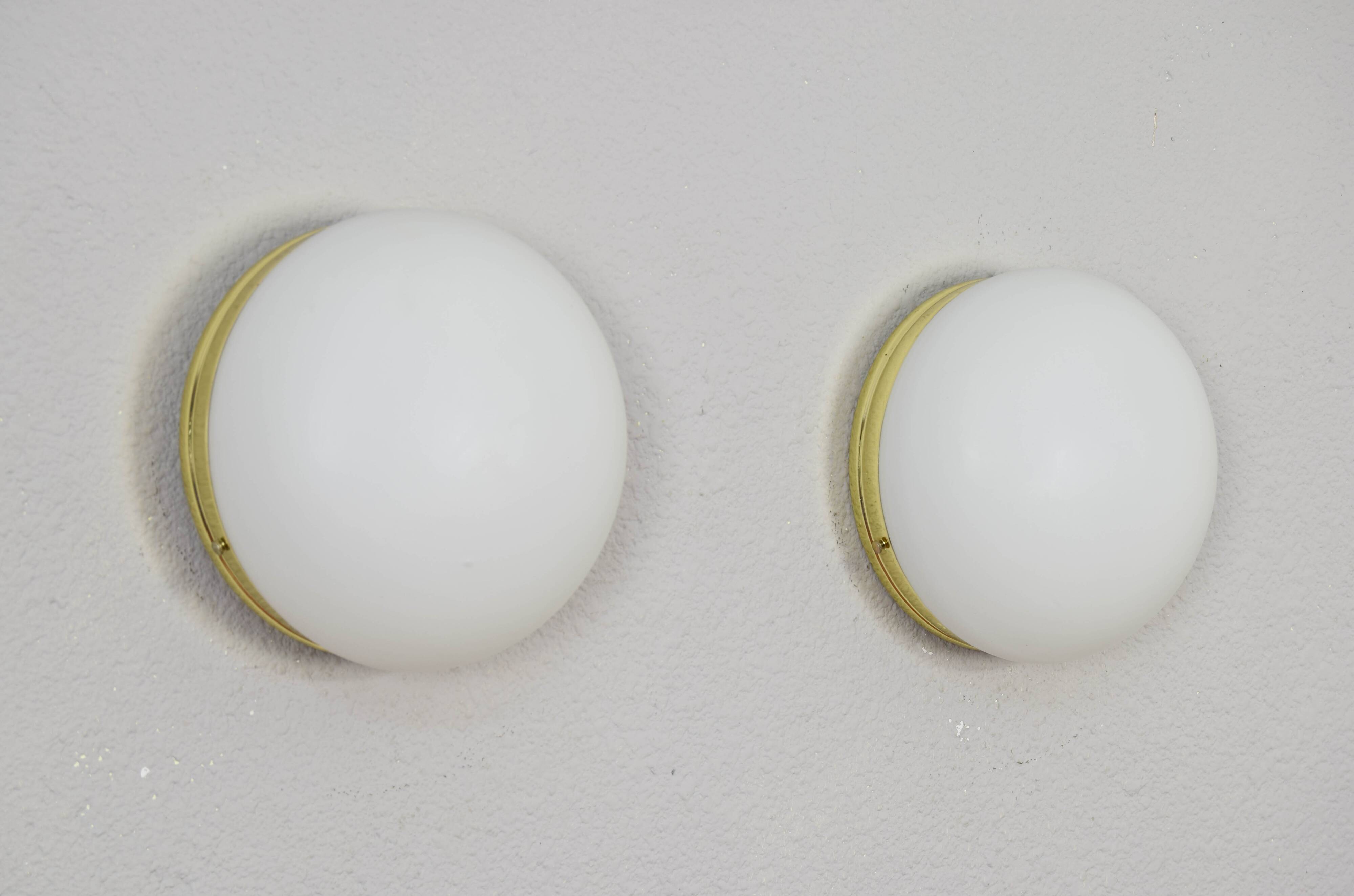 Mid Century Spanish Modern Brass and Opaline Glass Sconces Metalarte 70s