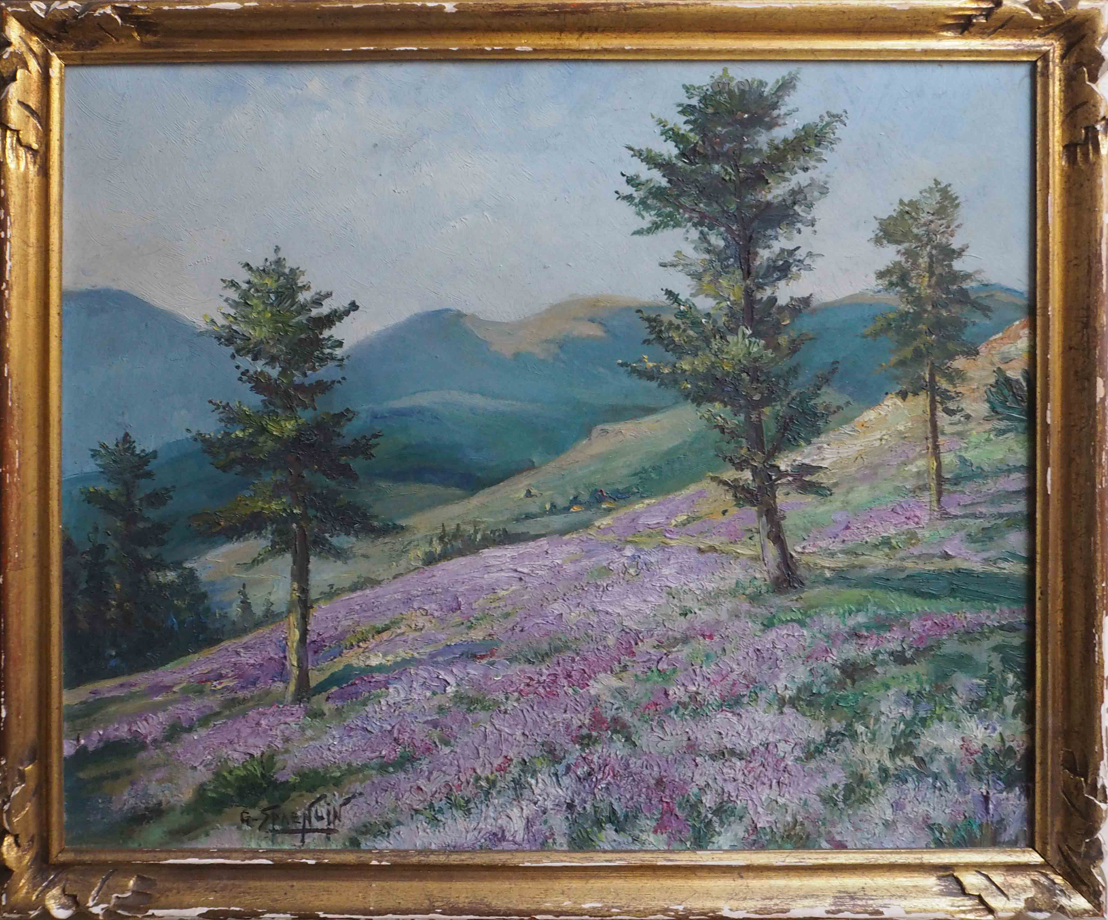 Painting heather landscape with mountain and village signed cf. anglade
