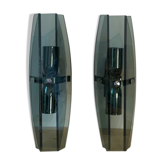 Pair of glass and chrome wall lamps, by veca, virenze, italy, 1970