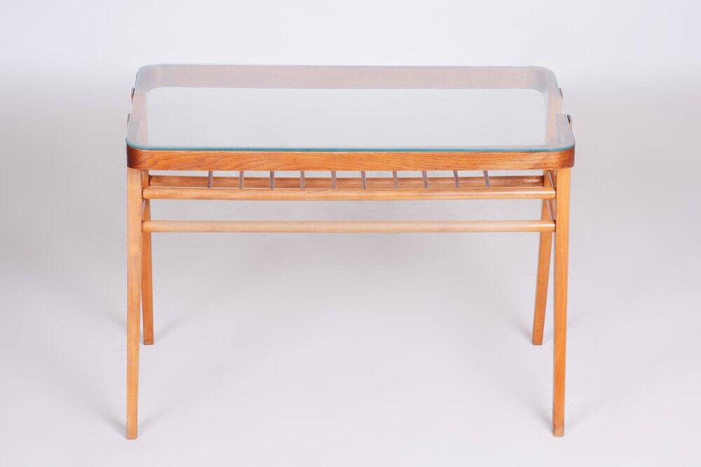 Mid-Century Console Table in Oak, Glass, Czech, 1950s