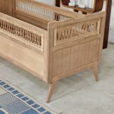 Children's bed in wood and sandblasted rattan from the 1960s.