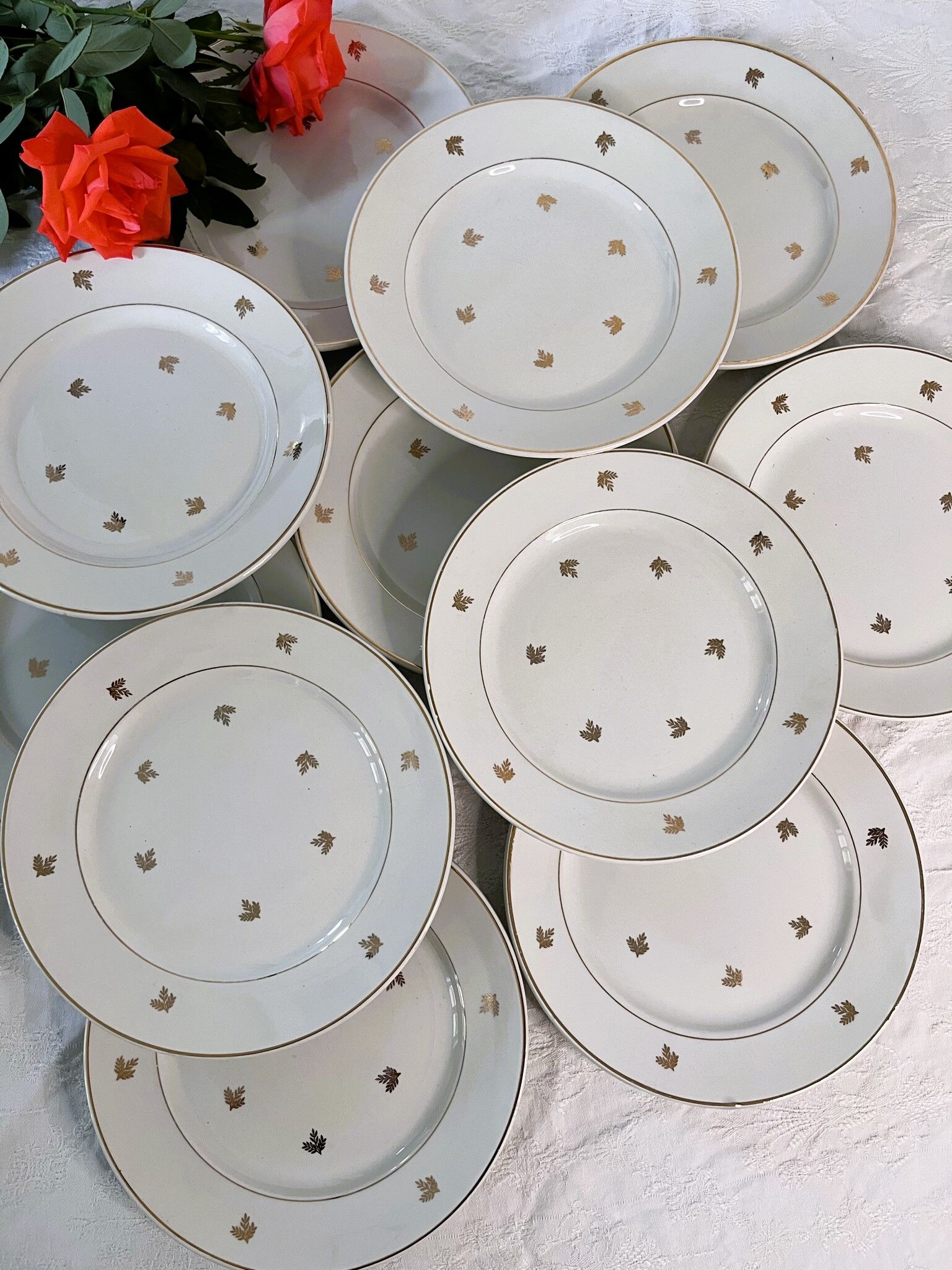 11 plates in antique earthenware decorated with golden leaves and golden border