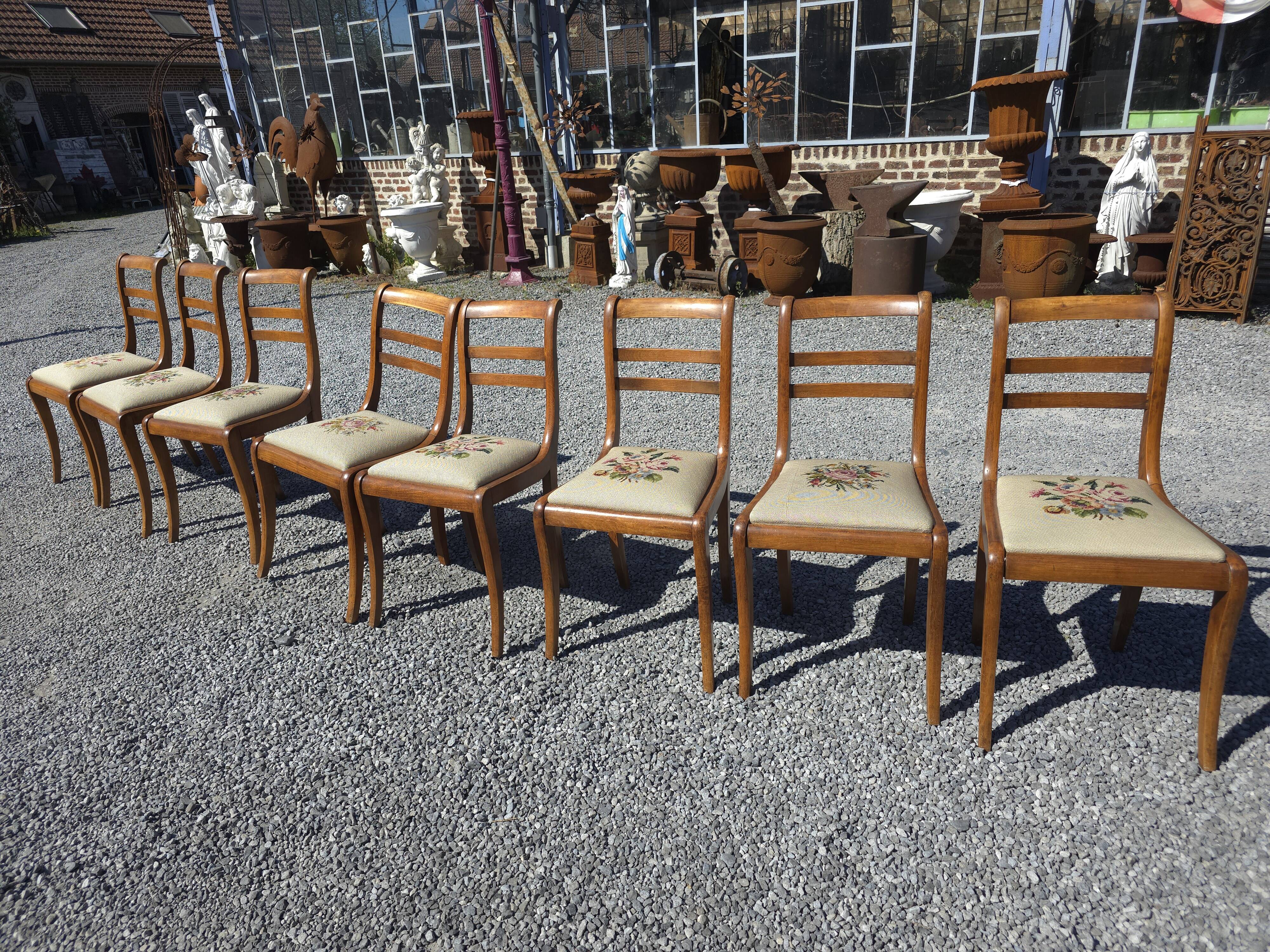 8 cherry wood chairs with embroidered seats