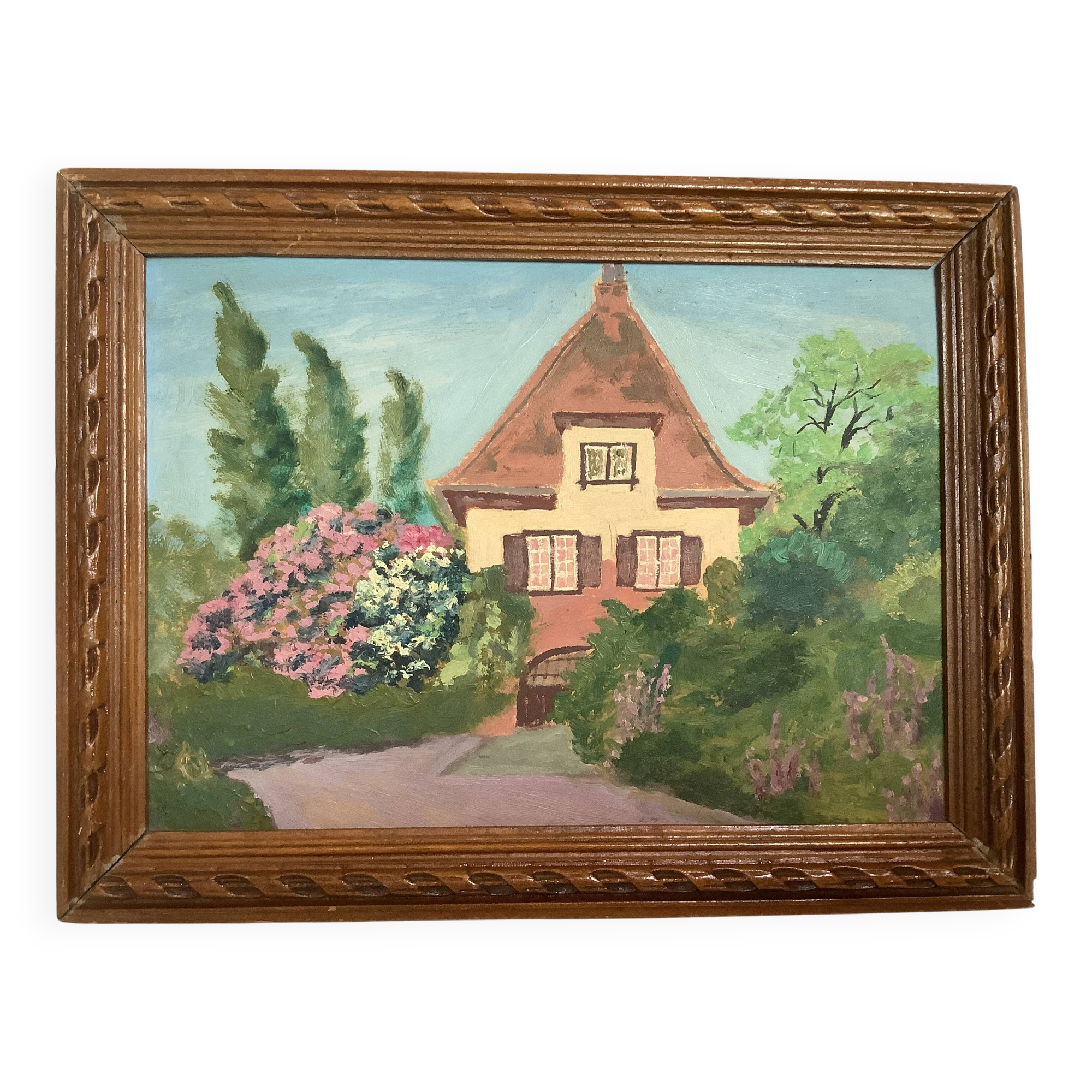 Small painting of a flowered house in oil on cardboard.