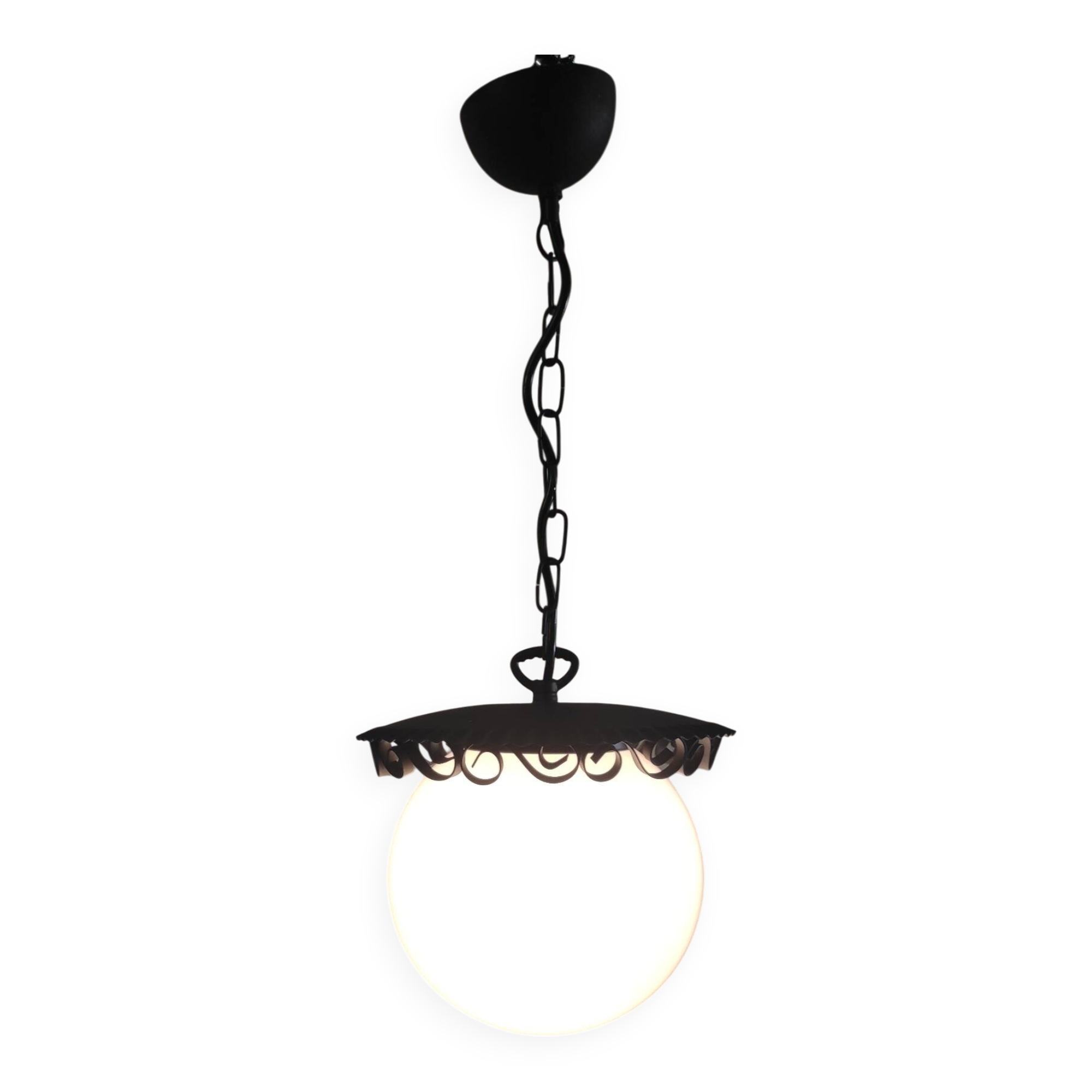Metal lantern suspension and opaline globe by Delmas - mid 20th century.
