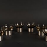 Set of six 1970s amber glass glasses mounted on brushed metal